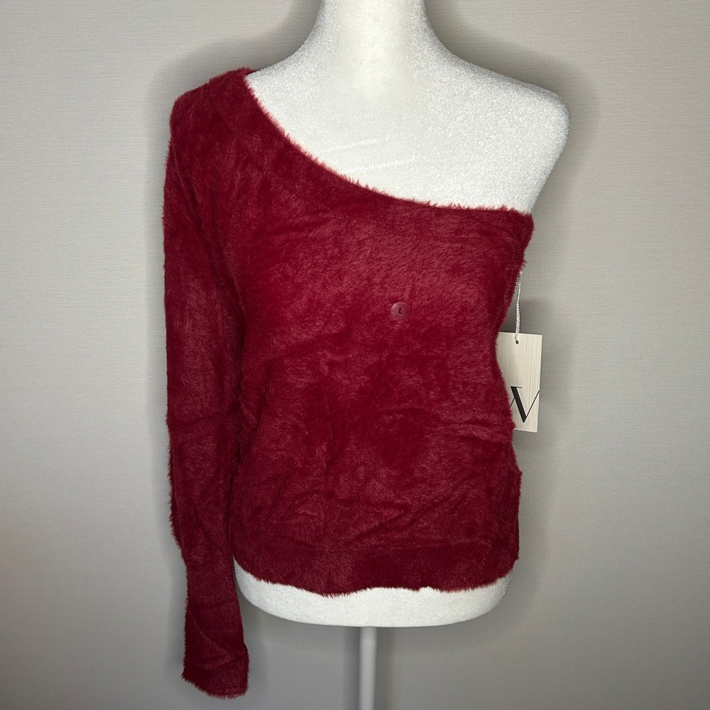 Worthington Luxury Red One Shoulder Fuzzy Sweater Long Sleeve Women Large NWT